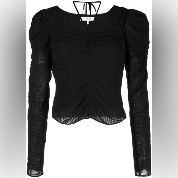 Frame Gathered Ruched Keyhole Tie Neck Puff Long Sleeve Top - Picture 1 of 15